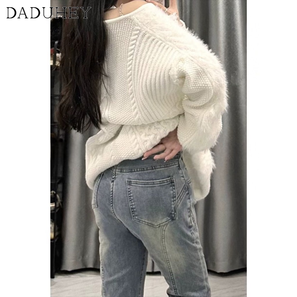 Ảnh Quần jean dài DADUHEY ống rộng cạp cao loe nhẹ ghép nối thời trang retro đường phố cao cấp kiểu Mỹ 4