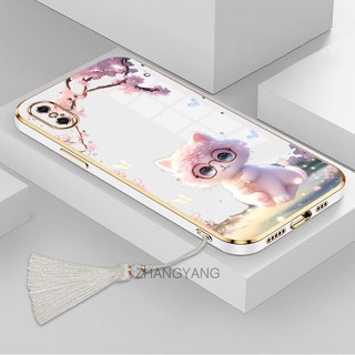Ốp Điện Thoại TPU Silicon Mềm Mạ Viền Hình Mèo Kèm Dây Đeo Tua Rua Cho iPhone x xs xr xs max