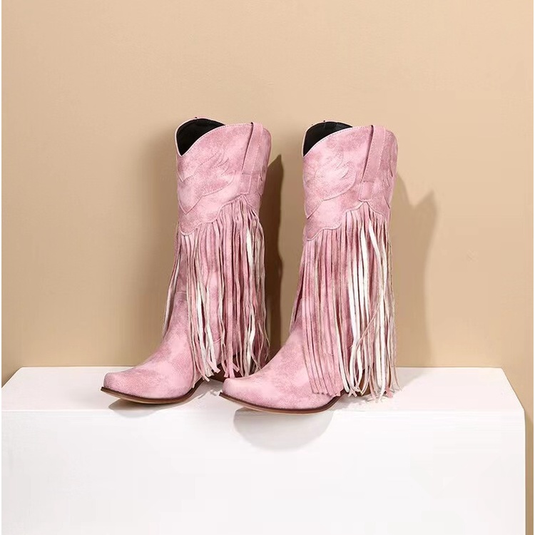 Giày Bốt Cao Bồi Cổ Cao Tới Gối Phối Tua Rua Kiểu Âu Mỹ Thời Trang 2023 Size 34-43 Cho Nữ