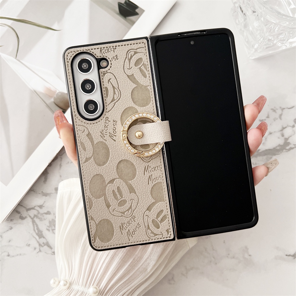 Dành Cho Samsung Galaxy Z Fold 7 6 5 4 3 2 Da PU Cổ Điển Hình Chuột Mickey Đơn Giản Chống Sốc Ốp lưng Cho Z Fold7 Có Dây Buộc Vòng Ngón Tay Gấp Ốp lưng