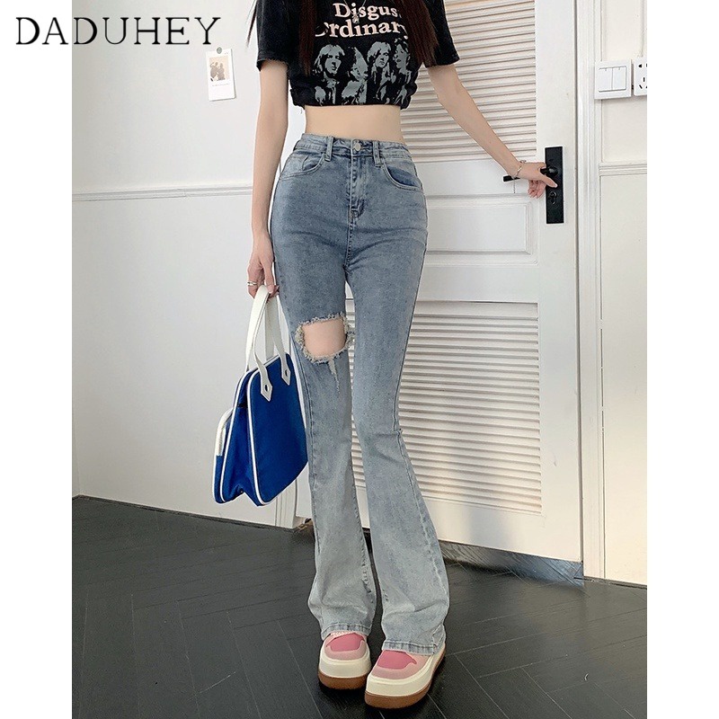 Ảnh DaDuHey New Korean Version of Raw Edge Ripped Jeans WOMEN'S High Waist Flared Pants Large Size Trousers 3