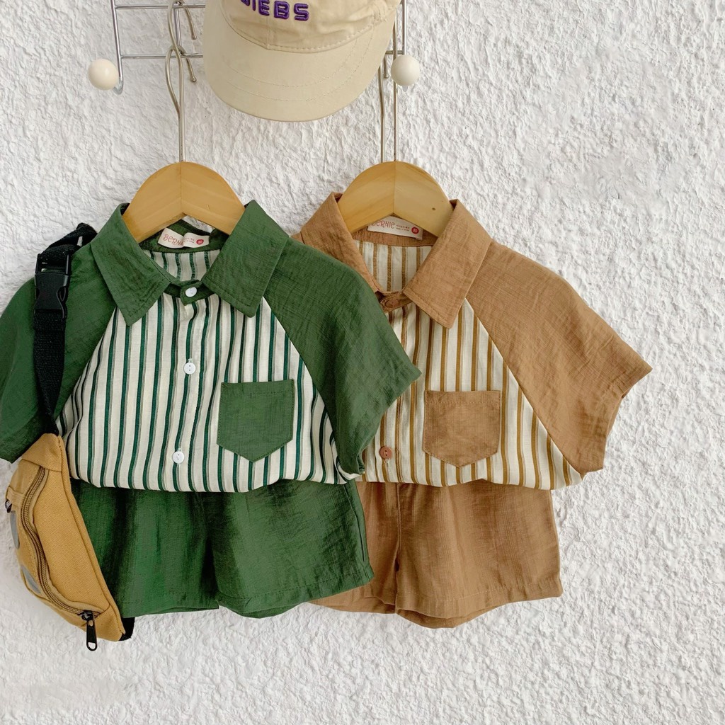 Bộ áo sơ mi quần đùi chất đũi họa tiết sọc có túi cho bé trai từ 1-5 tuổi thương hiệu Mints Closet MINTSCLOSET - TN3206