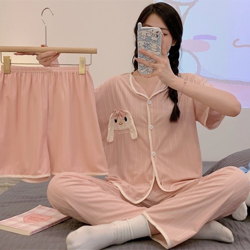 Váy Ngủ	Pyjama Bộ Đồ Ngủ Ba Mảnh Áo Cardigan Tay Ngắn Quần Dài luyoo32 Thời Trang Mùa Hè Cho Bạn Gái