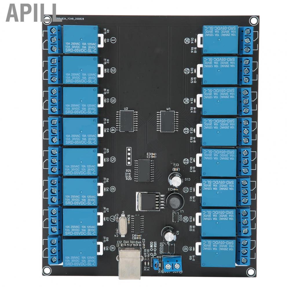Apill Bảng mô-đun chuyển mạch rơle 16 kênh DC 9-36V USB SPDT có đèn báo TRÊN ZIN