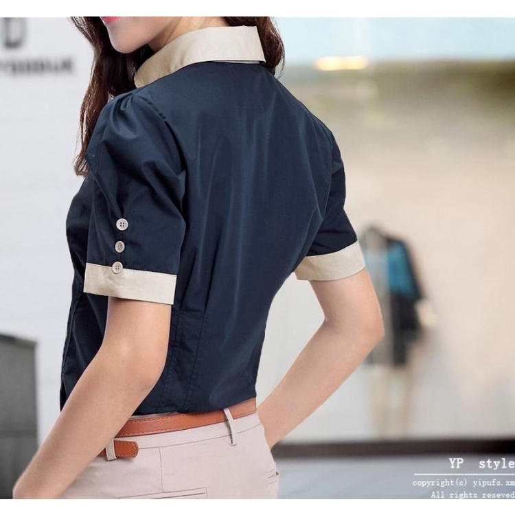 Nữ Tay Ngắn Màu Xanh Navy Áo Sơ Mi Nữ Thường Ngày Áo Sơ Mi Văn Phòng Nữ OL Work Top