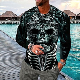 Áo Thun Tay Dài Cổ Tròn In Hình Đầu Lâu 3D Phong Cách Hip Hop Thời Trang Cho Nam