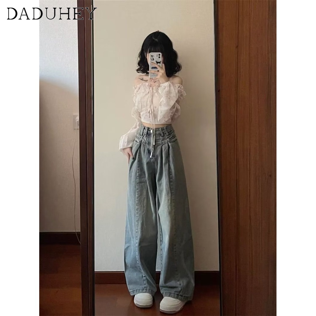 Ảnh DaDuHey New American Ins High Street Retro Casual Jeans Niche High Waist Wide Leg Pants Large Size Trousers 3
