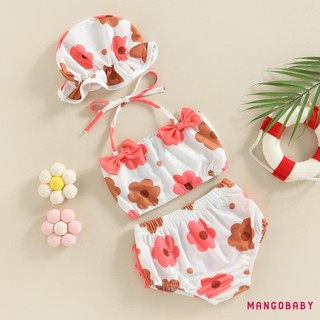 Mgg-bộ đồ bơi ba mảnh cho bé gái, Bộ Bikini dây in hoa Bộ đồ tắm có mũ bơi