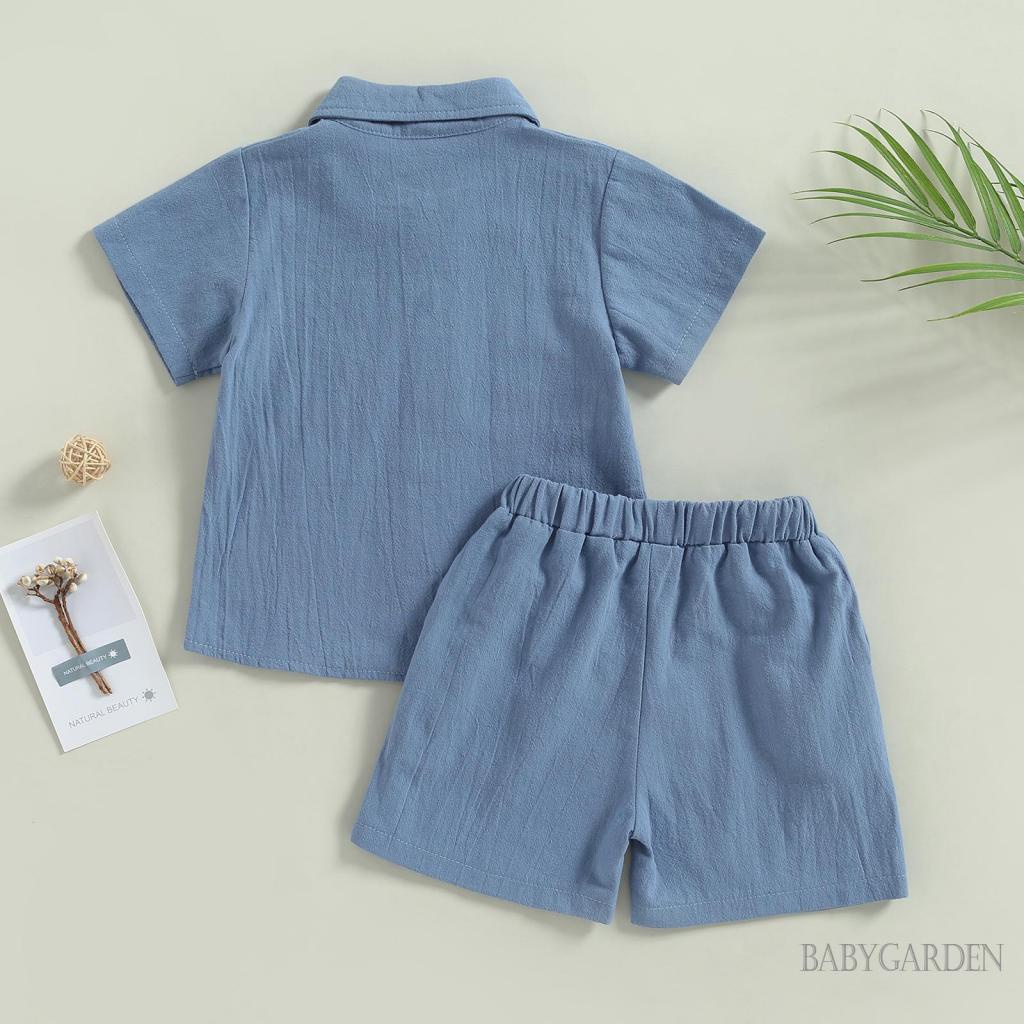 Bộ Áo Sơ Mi Tay Ngắn Màu Trơn Cài Nút + Quần Short Lưng Thun Thời Trang Cho Bé Trai 6 Tháng - 4 Tuổi