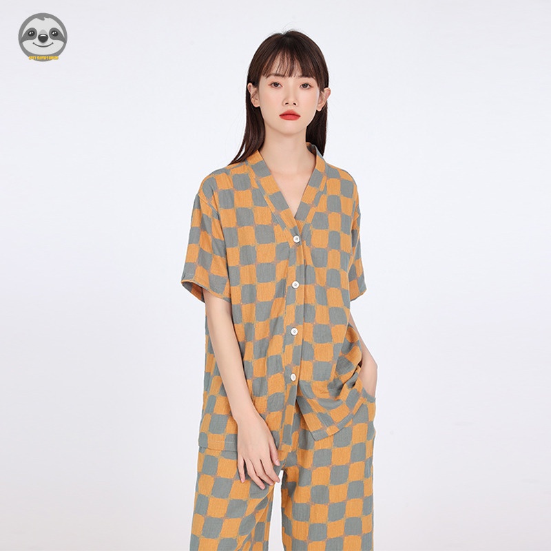 Phong Cách muji Phong Cách Nhật Bản / Đồ Ngủ Nữ Kẻ Caro / Đồ Ngủ Ba Tay Lỡ / Sợi cotton Hai Lớp