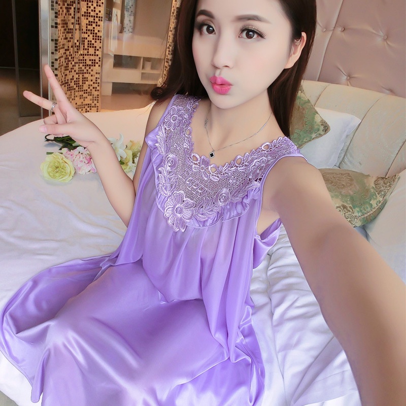 Ice Silk Pajama Phụ nữ Lace Mô phỏng lụa Thoải mái Pajama Mùa hè lụa Sexy Sling Dress luyoo32