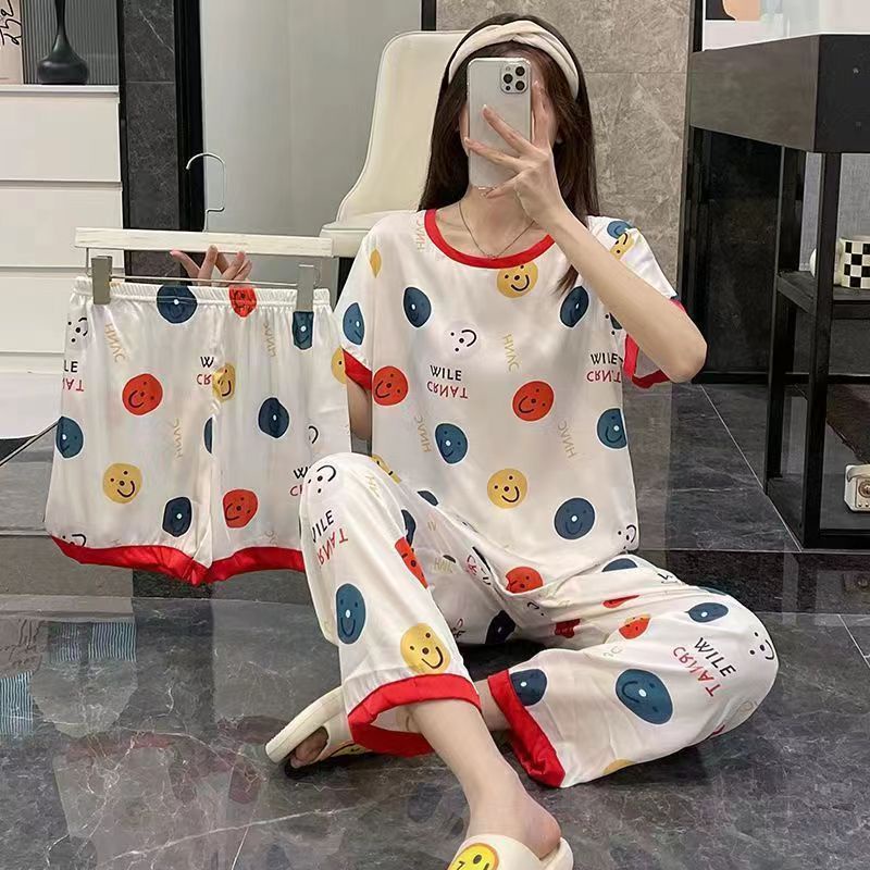 Váy 2 dây Bộ Đồ Ngủ Ba Món Bằng Lụa Sữa In Hoạt Hình Dễ Thương Dành Cho Bạn Nữ [Lff0704]