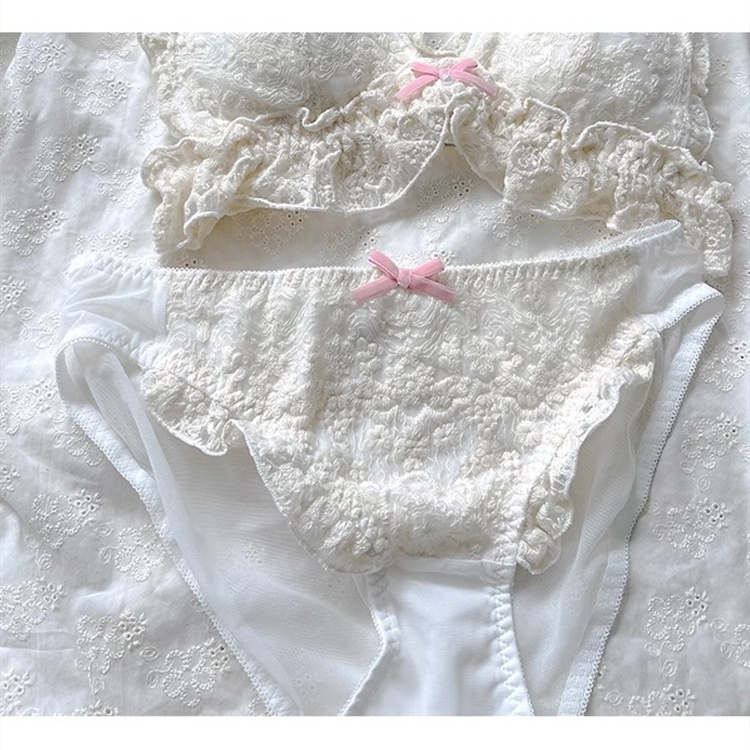 Bộ Áo Ngực Thêu Ren + Quần Lót Đính Nơ Thời Trang Nhật Bản Quyến Rũ Cho Nữ