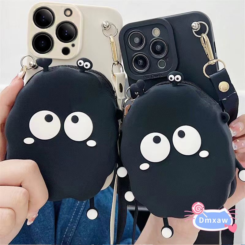 Dành Cho iPhone 16 Pro Max 16 Plus 15 14 13 12 Mini 11 Pro Max X XR XS Max 8 7 6 6s Plus SE Phim Hoạt Hình Ví Đựng Tiền Xu Ốp Điện Thoại Vỏ Ví Màu Đen Dễ Thương Có Dây Buộc