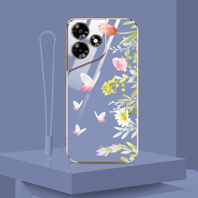 Ốp Điện Thoại Mạ Điện Sang Trọng Cho Infinix Smart 8 X6525 Hot 30 Play Hot 30i Tecno Spark Go 2024 Spark 20 POP 8 X6831 X669 Họa Tiết Hoa Bướm Phong Cách INS Có Dây Buộc