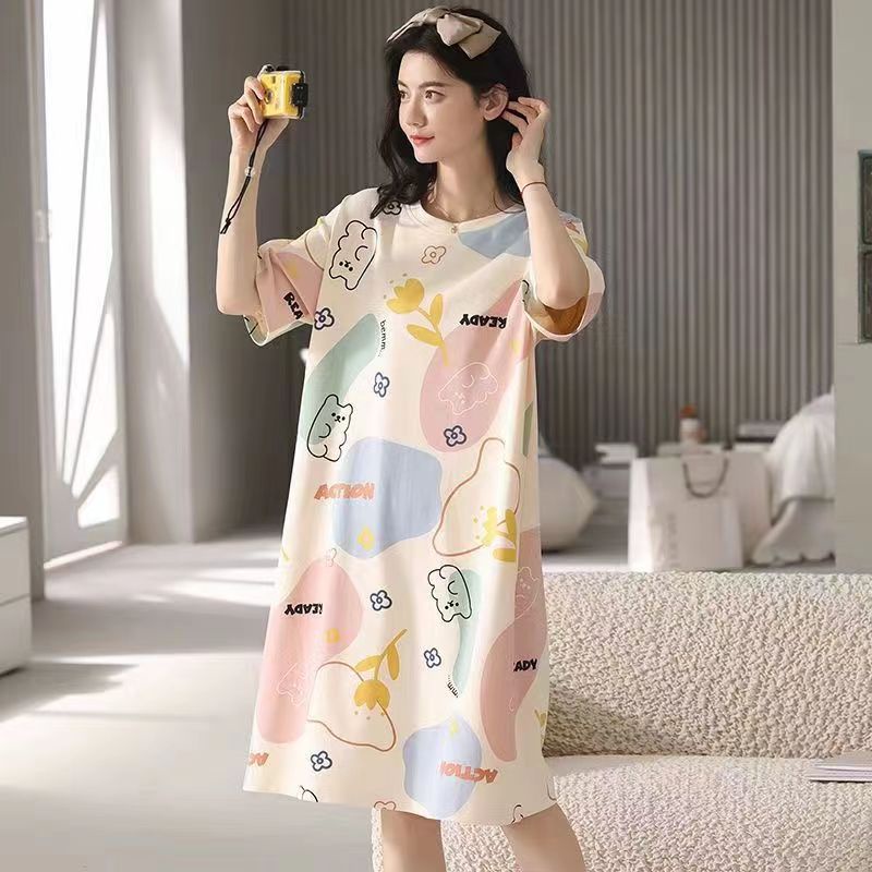Váy Ngủ Nữ Cộc Tay Dễ Thương Dáng Suông Bigsize Chất Cotton Mềm Mát Họa Tiết Hoạt Hình 【lzf0704】