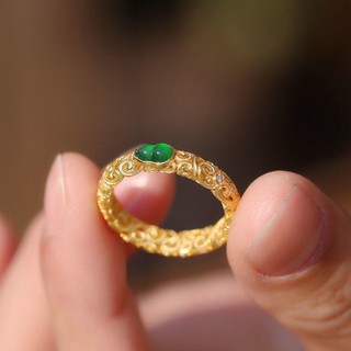 Nguyên bản phong cách cung điện tự nhiên ngọc bích hetian phương pháp cổ xưa mạ vàng 18k nhẫn nữ trang sức retro