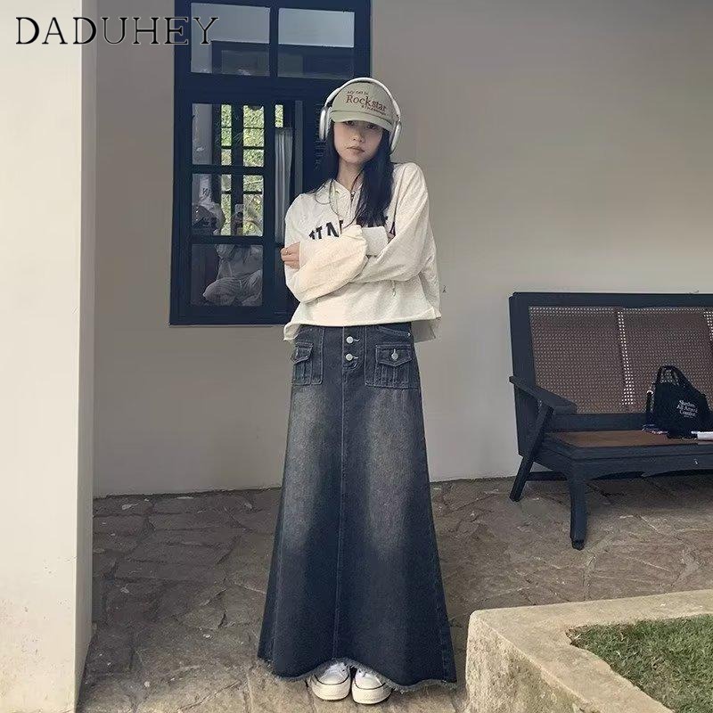 Ảnh DaDuHey New American Ins High Street Retro Denim Skirt Niche High Waist A- line Skirt Large Size Bag Hip Skirt 2