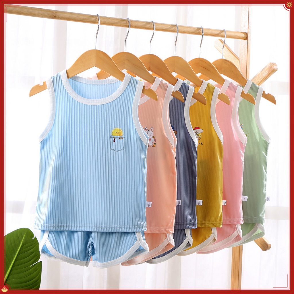 Phong Cách Mới Trẻ Em Nhanh Khô Quần Áo Vest Bộ Mùa Hè Băng Lụa Quần Áo Bé Trai Bé Gái Hai Mảnh Quần Áo Trẻ Em OUHO