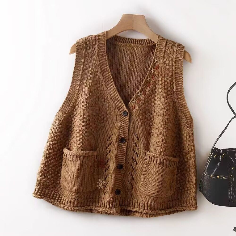 Plus Size Dệt Kim Áo Vest Nữ Mới Vintage Nghệ Thuật Rời Người Yêu Màu Trơn