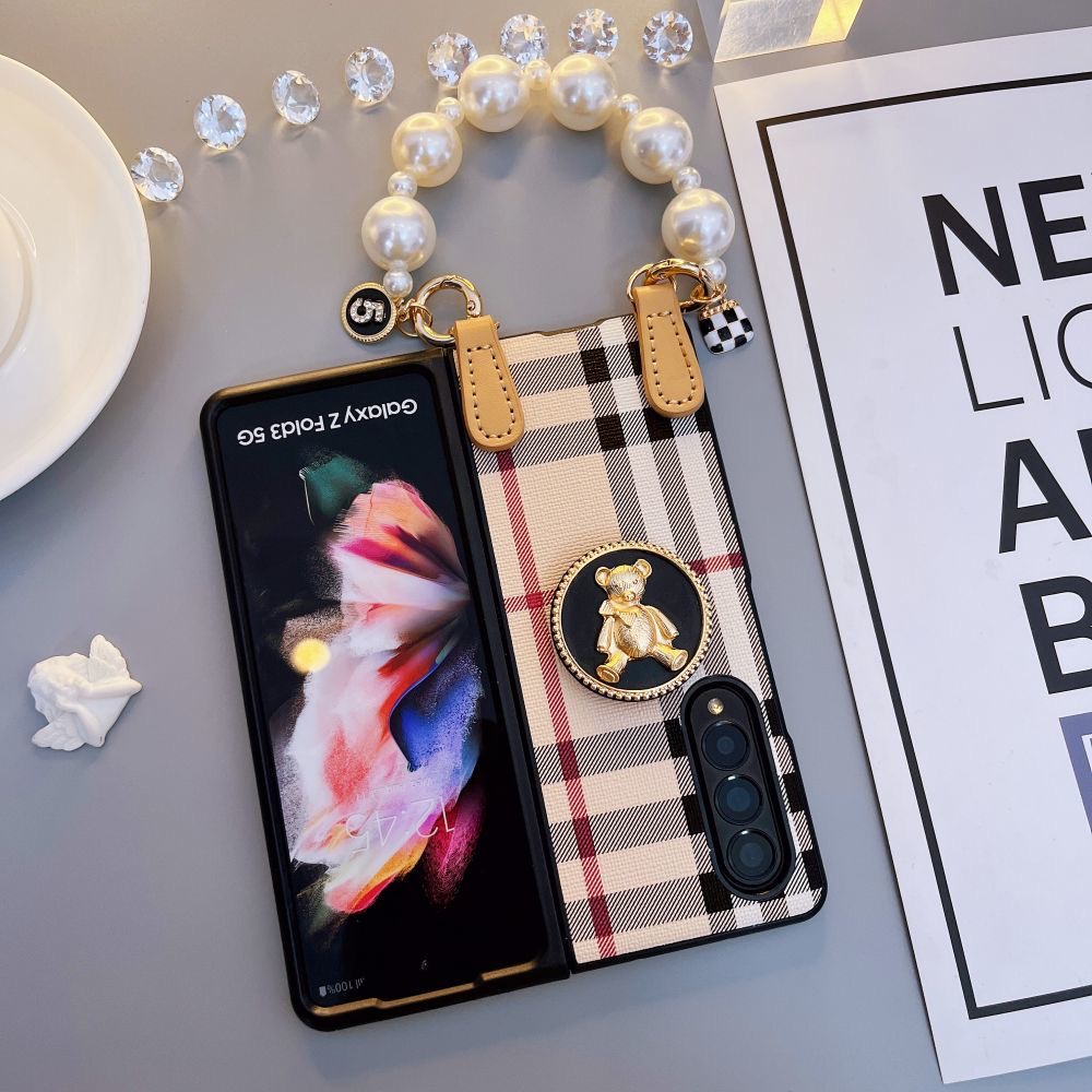 Sang trọng cổ điển họa tiết ca rô Gấp thiết kế đơn giản Vỏ điện thoại cho Samsung Galaxy Z Fold5 Thời trang có dây buộc ngọc trai Thiết kế Vỏ điện thoại cho Z Fold 3 Z Fold4 5G bảo vệ