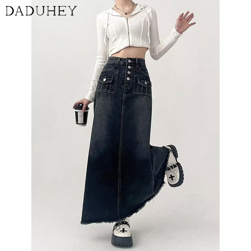 Ảnh DaDuHey New American Ins High Street Retro Washed Denim Skirt Niche High Waist A- line Skirt Bag Hip Skirt 4