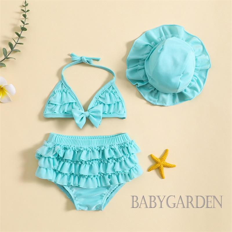 Set Đồ Bơi Mùa Hè Gồm Áo Cổ Treo + Quần Nhiều Lớp + Mũ Cho Bé Gái