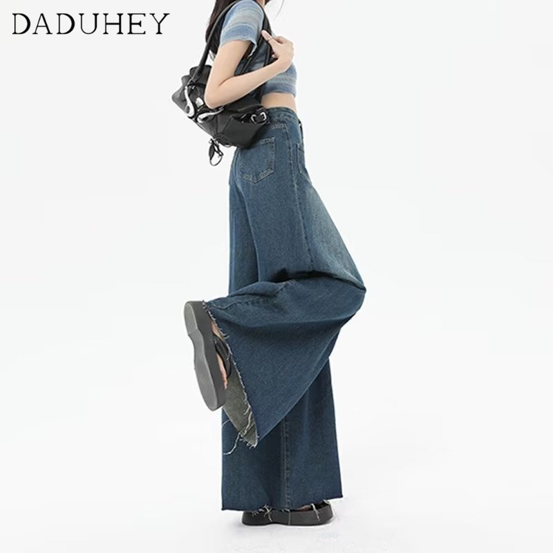 Ảnh DaDuHey New Korean Version of Ins Raw Edge Jeans Women's High Waist Loose Wide Leg Pants Large Size Trousers 4