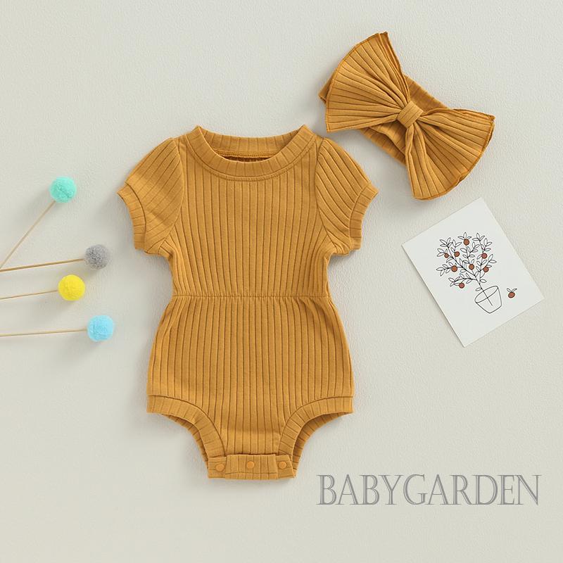 Áo Liền Quần Tay Ngắn Màu Trơn Kèm Băng Đô Nơ Thời Trang Mùa Hè Cho Bé Gái 0-18 Tháng Tuổi