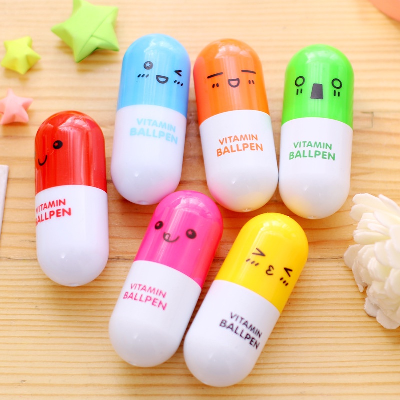 1 Bút Bi Hình Viên Thuốc Có Thể Thu Gọn / Mặt Cười Dễ Thương