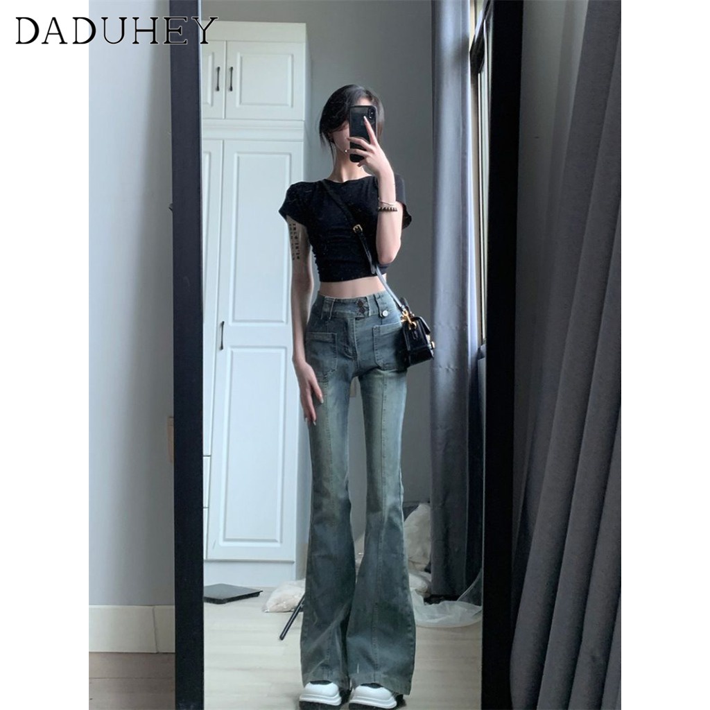 Ảnh DaDuHey New American Ins High Street Retro Washed Jeans Small Crowd High Waist Micro Flared Pants Large Size Trousers 3