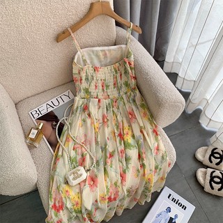 Đầm Hai Dây Lưng Thun Dáng Ôm In Họa Tiết Hoa Phong Cách Pháp Thời Trang Mùa Hè Xinh Xắn Cho Nữ
