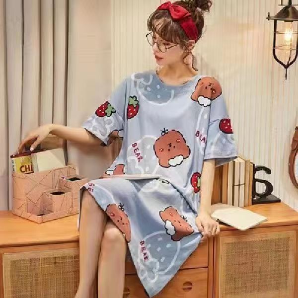 Váy Ngủ Nữ Cộc Tay Dễ Thương Dáng Suông Bigsize Chất Cotton Mềm Mát Họa Tiết Hoạt Hình 【lzf0704】