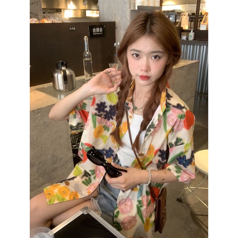 SUXI Áo Sơ Mi Hoa Mỏng Ngắn Tay Dáng Rộng Thời Trang Hè Sành Điệu