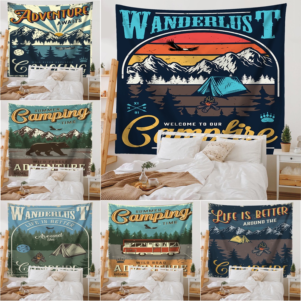 Retro summer camping wall tapestry with clips polyester tapestries phòng ngủ treo tường tấm thảm trang trí phòng quà tặng (có kẹp)