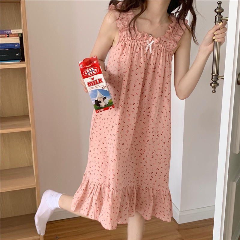 Bong bóng cotton gạc đồ ngủ mùa hè phụ nữ sling nightdress influencer dễ thương ngọt ngào đồ mặc nhà