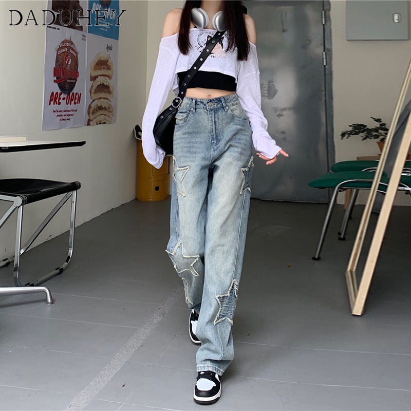 Ảnh Quần jean DADUHEY lưng cao dáng rộng họa tiết ngôi sao thời trang đường phố Mỹ cá tính 3
