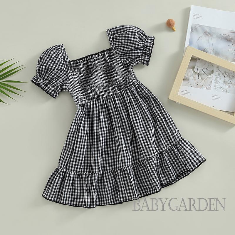 Đầm Chữ A Tay Phồng Ngắn Họa Tiết Sọc Caro Thời Trang Mùa Hè Cho Bé Gái 1-4 Tuổi