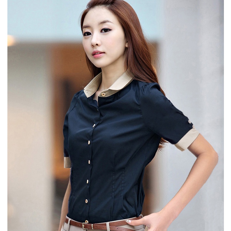 Nữ Tay Ngắn Màu Xanh Navy Áo Sơ Mi Nữ Thường Ngày Áo Sơ Mi Văn Phòng Nữ OL Work Top