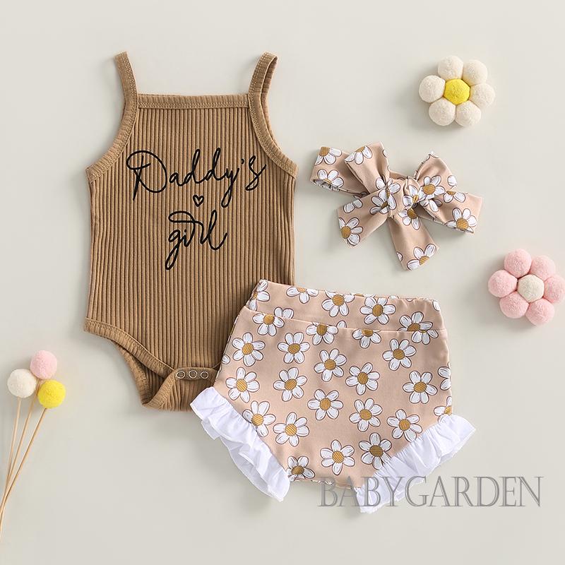 Set Áo Liền Quần + Quần Short In Hoa + Băng Đô Cài Tóc Xinh Xắn Cho Bé Gái 0-18 Tháng Tuổi