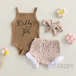 Set Áo Liền Quần + Quần Short In Hoa + Băng Đô Cài Tóc Xinh Xắn Cho Bé Gái 0-18 Tháng Tuổi