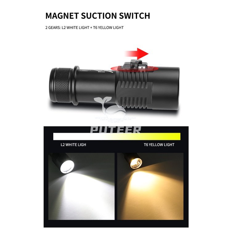 Đèn pin lặn XHP70 5000 lumens, chống nước IP68, có nam châm và ánh sáng đa màu