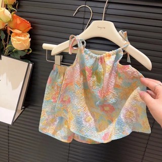 Tập Đi Bé Gái Quần Áo Mùa Hè Sling 2 Bộ Trang Phục Hoa Không Tay Bé Gái Bộ Quần Áo