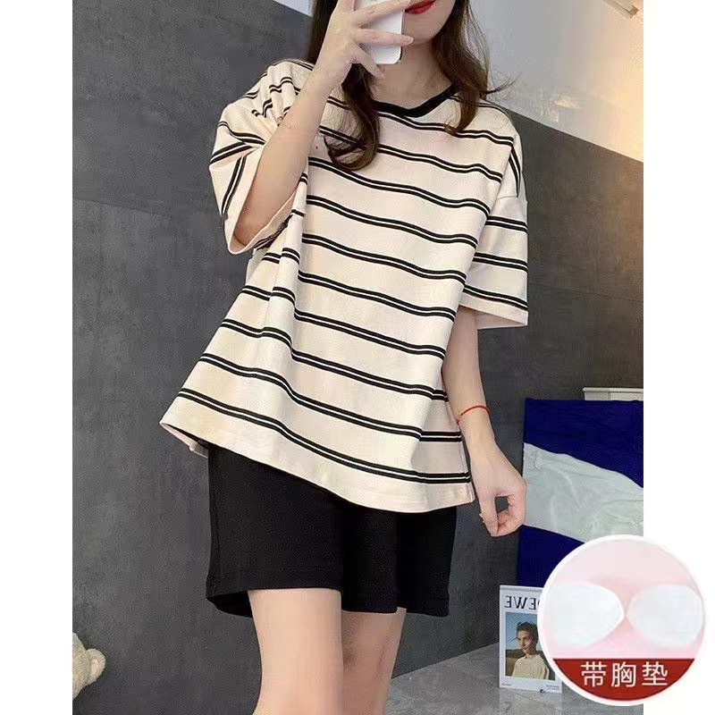 Váy Ngủ	Pyjama Bộ Đồ Ngủ Áo Tay Ngắn Cổ Tròn Có Đệm Ngực Và Quần Short Họa Tiết Kẻ Sọc Dành Cho Nữ [luyoo32]