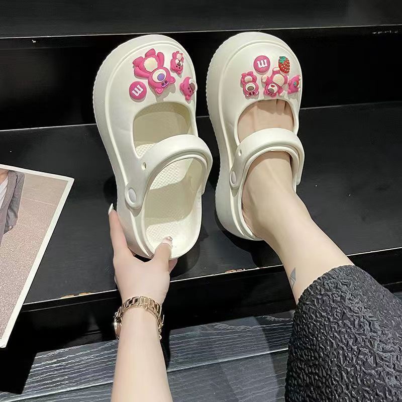 Dép Sandal Mary Jane Đục Lỗ Đế Dày Chống Trượt In Họa Tiết Dâu Tây / Gấu Dễ Thương Thời Trang Mùa Hè Cho Nữ