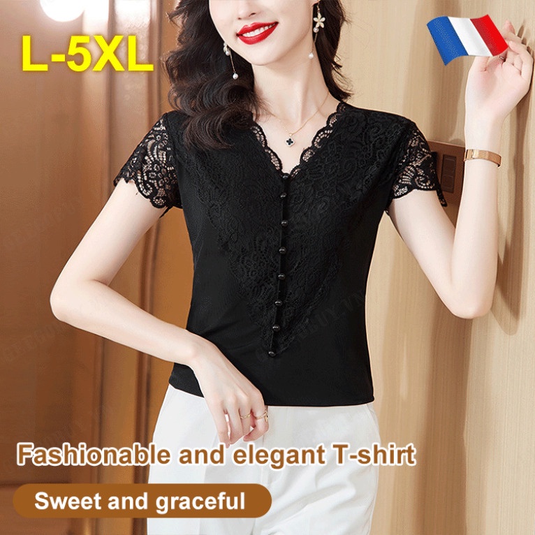 Áo Thun Tay Ngắn Phối Ren Thanh Lịch Dành Cho Nữ