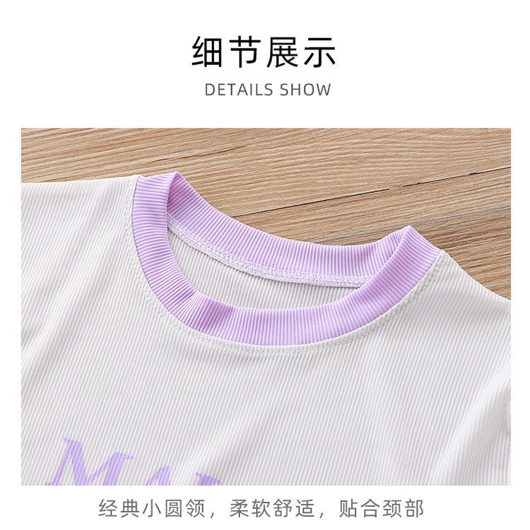 Phong Cách Mới Bé Gái Ice Silk Suit 90-160 Kích Thước Thoáng Khí Homewear Chữ Thời Trang Phiên Bản Hàn Quốc Tay Ngắn Thời Trang Quần Áo Trẻ Em SD3A