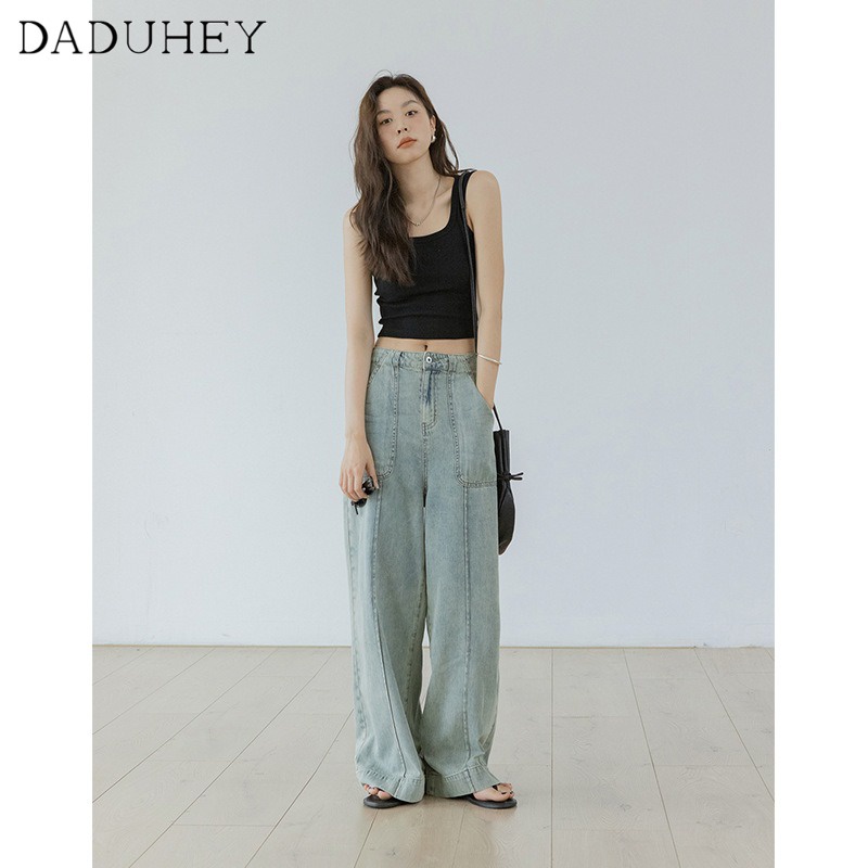 Ảnh DaDuHey New Korean Version of INS Retro Washed Jeans Niche High Waist Loose Wide Leg Pants Large Size Trousers 4