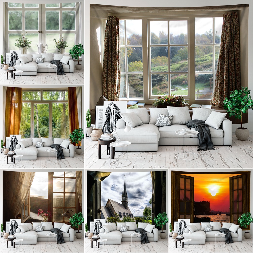Phong cảnh qua cửa sổ tấm thảm treo tường có kẹp tấm thảm polyester phòng ngủ tấm thảm treo tường trang trí phòng quà tặng (có kẹp)