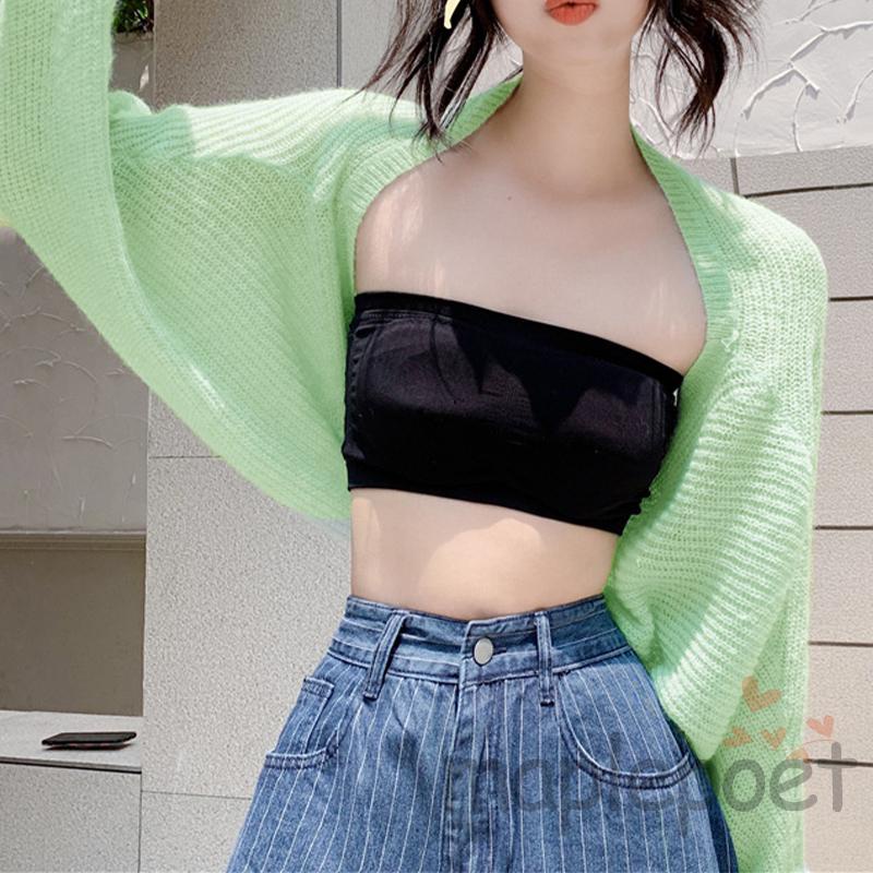 Áo Cardigan Dệt Kim Màu Trơn Tay Dài Chống Nắng Hở Trước Bolero Shrug Cho Nữ
